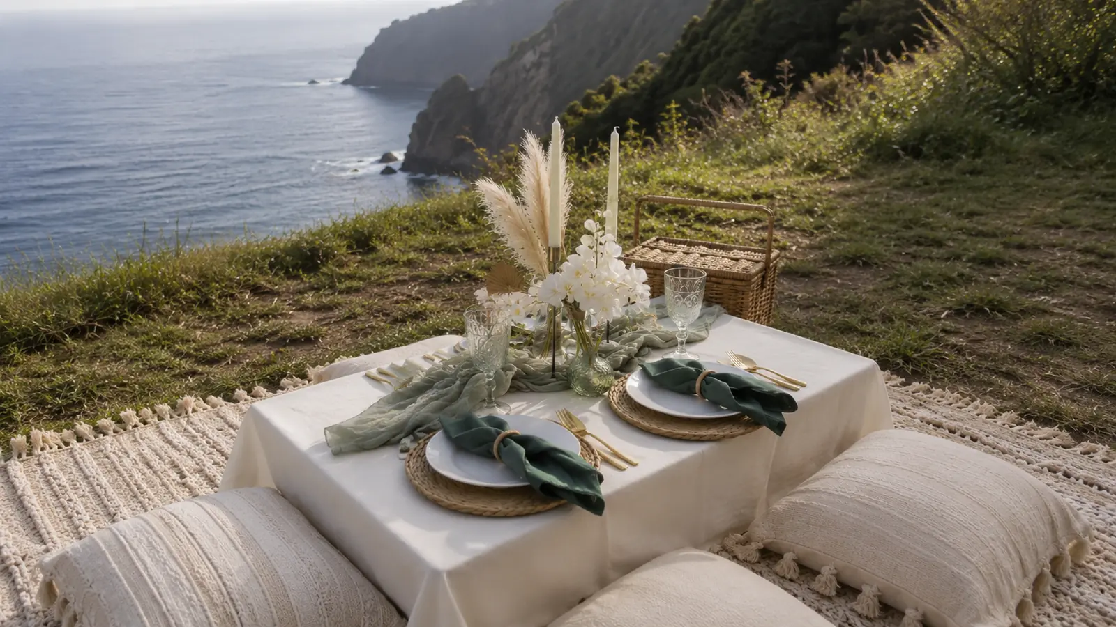 Picnic table set on a sage-green cliffside with an ocean view in Madeira