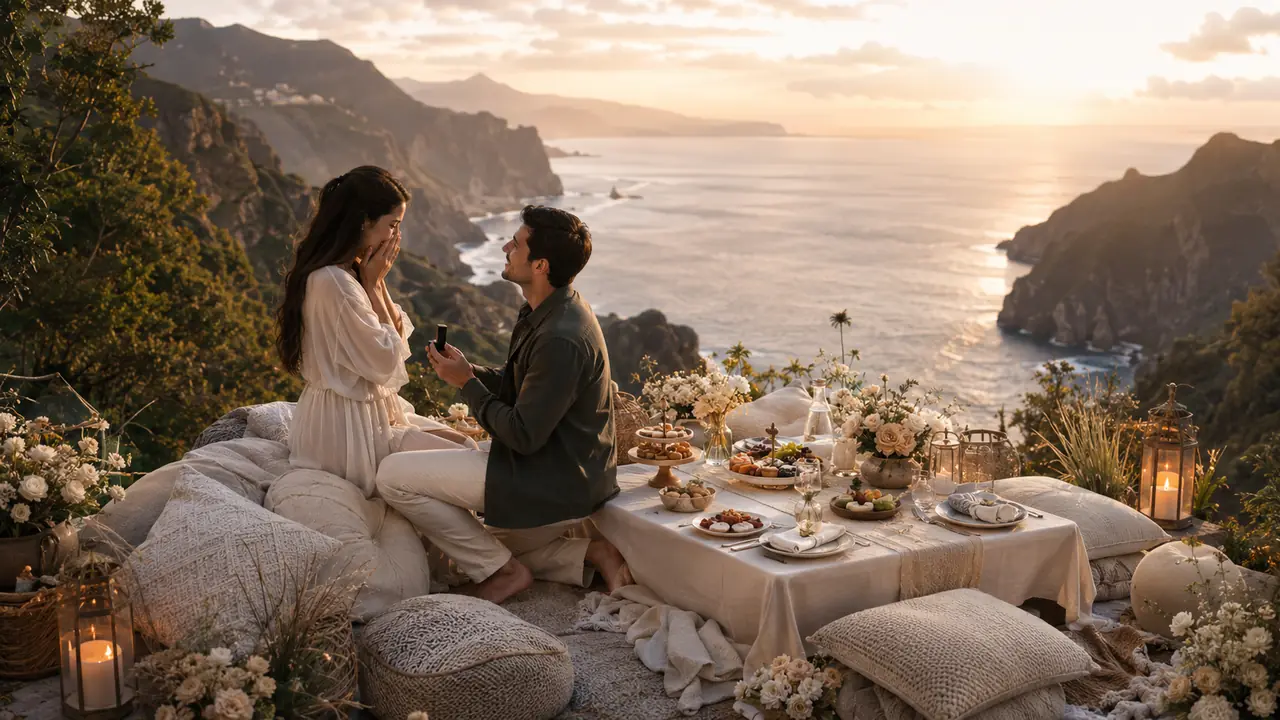 Marriage proposal picnic set up on a Madeira clifftop