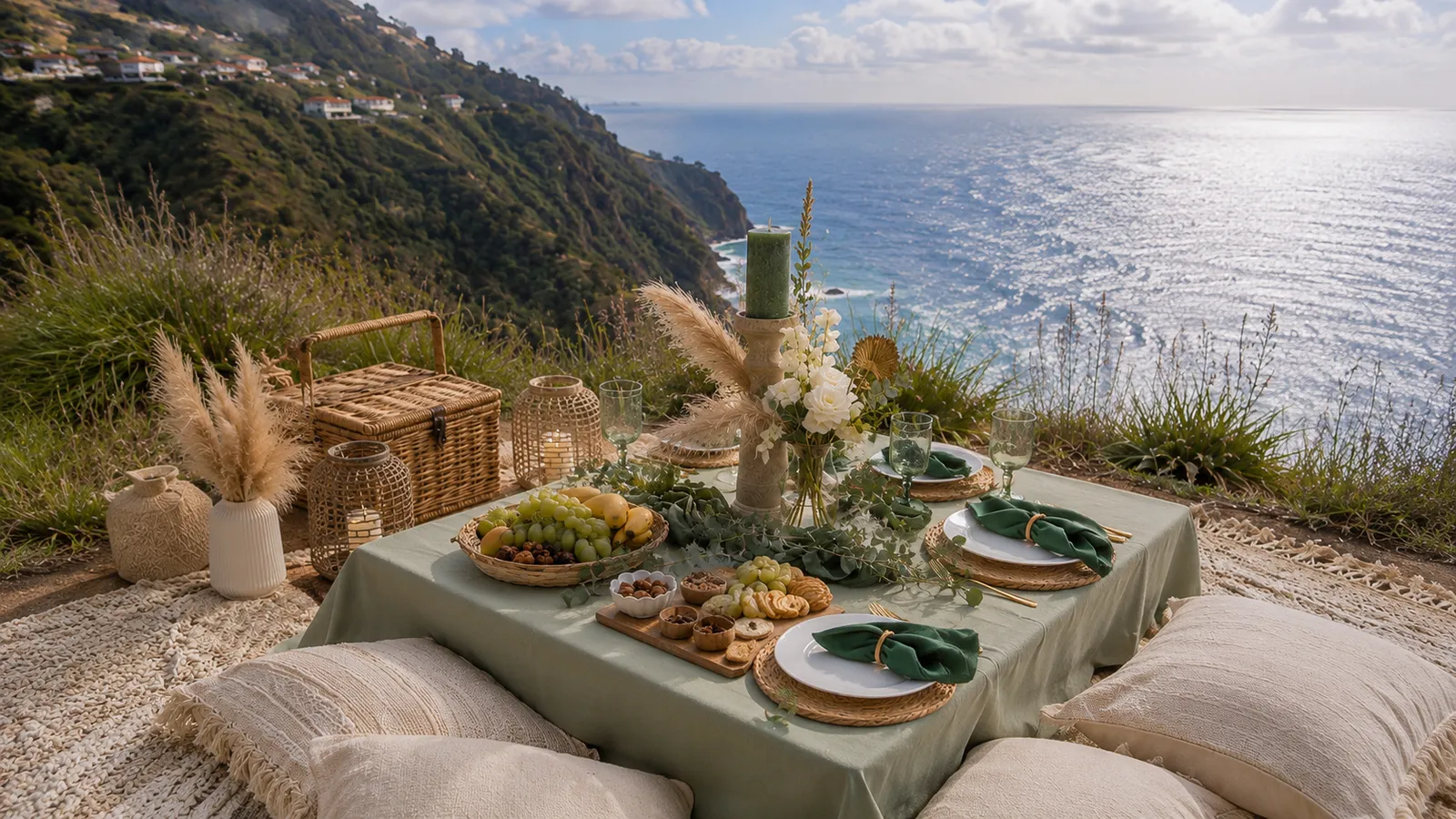 Coastal picnic table with a gourmet spread overlooking the Madeira coastline