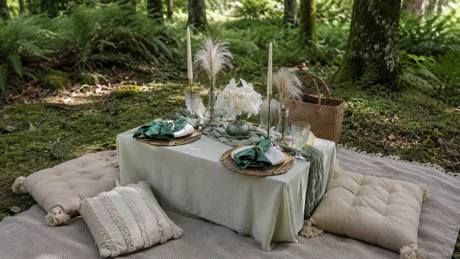 Luxury picnic table set in a shaded forest in Madeira