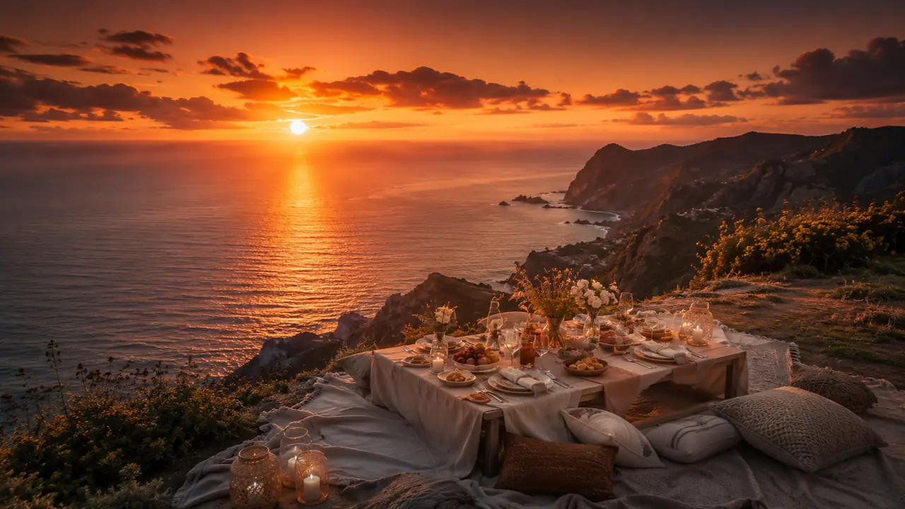 Sunset picnic table overlooking the Atlantic Ocean in Madeira