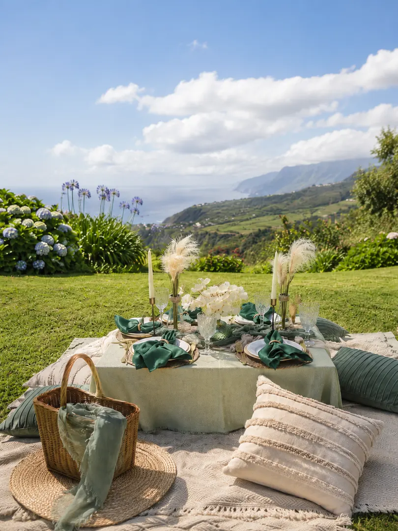 Picnic table set among hydrangeas with a coastal view in Madeira