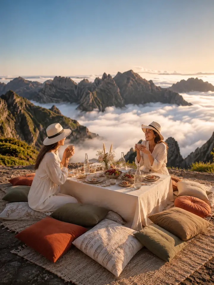 Two friends enjoying a picnic above the clouds on a Madeira mountain peak